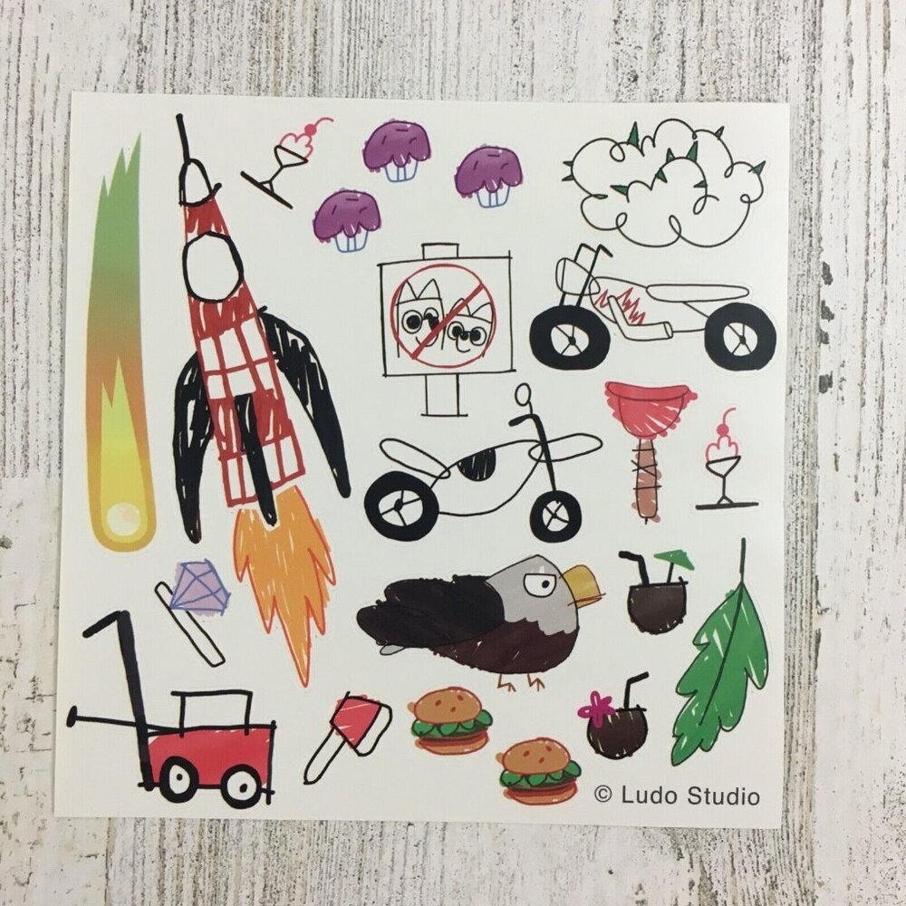 Bluey STICKERS Sheet with DRAWINGS from Escape Episode Rocket Wagon Motorbikes